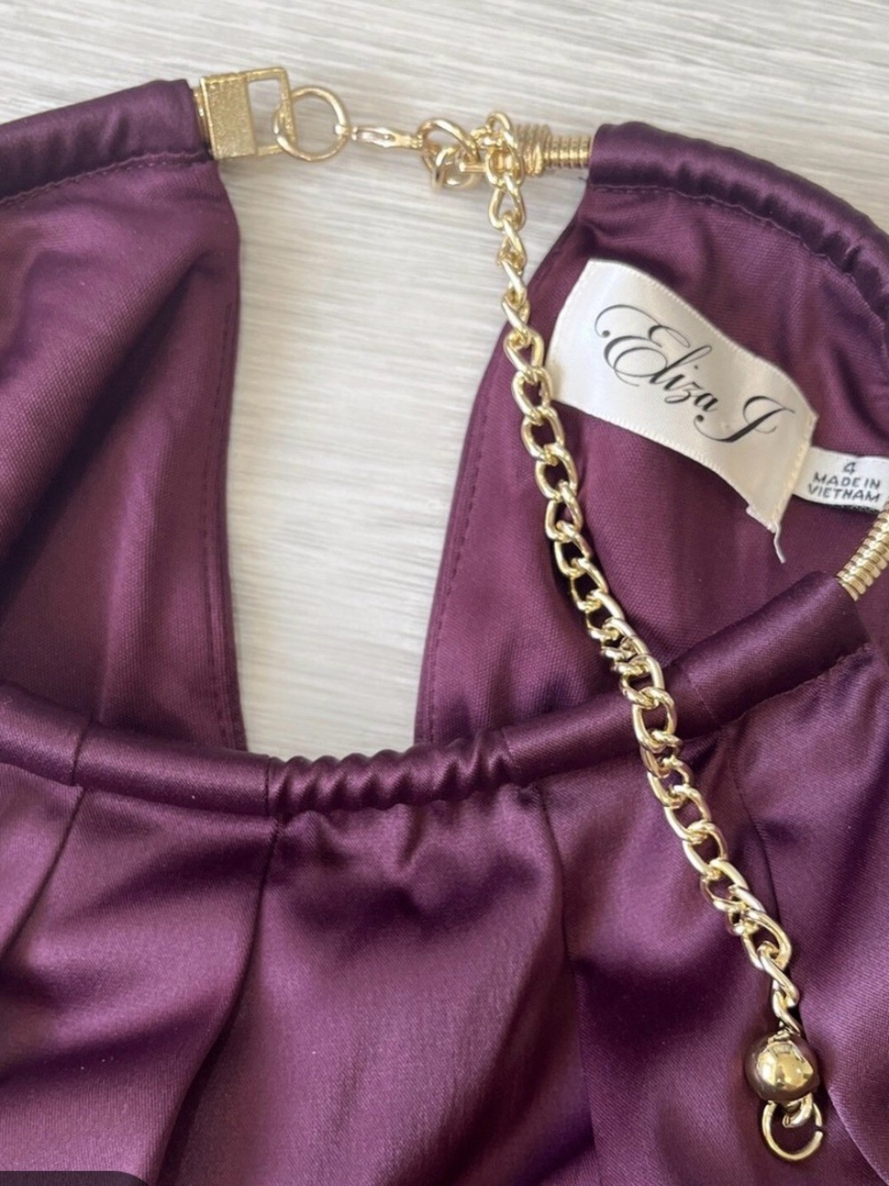 Eliza J Plum Satin Halter Top with Gold Chain Strap